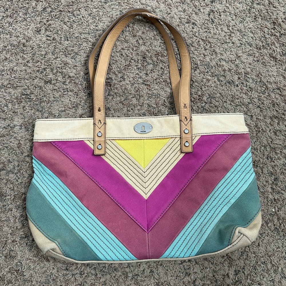 Fossil Canvas Tote Bag Multicolor Chevron Stripe Leather Trim Shoulder Bag READ